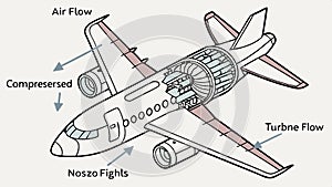 Airplane engine diagram, aviation technology blueprint vector design Generative AI