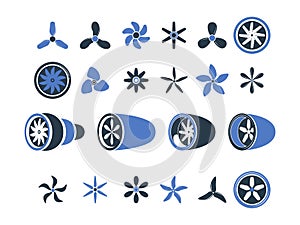 Airplane engines. Propeller turbine symbols plane equipment detailing aviation vector