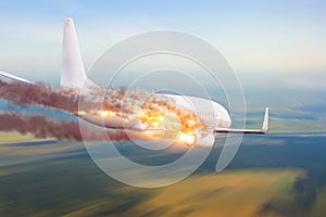 Airplane exploded in the sky, crashes. Crash concept