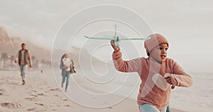 Airplane, family or children at beach playing games on holiday vacation together in nature in winter. Flying toy