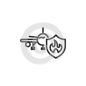 Airplane fire insurance line icon