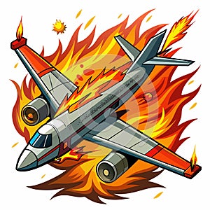 Airplane on fire. Vector illustration isolated on a white background.