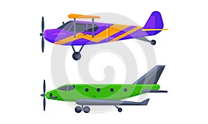 Airplane or Fixed-wing Aircraft Propelled by Thrust Side View Vector Set