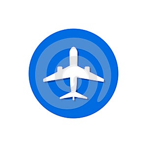 Airplane flat icon round blue background. Vector isolated plane icon