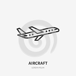 Airplane flat line icon. Plane vector illustration. Thin sign for jet, air craft cargo shipping, airlines logo