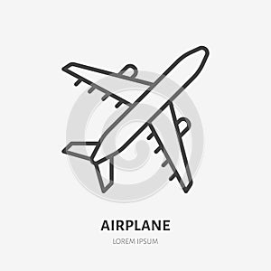 Airplane flat line icon. Plane vector illustration. Thin sign for jet, air craft cargo shipping, airlines logo