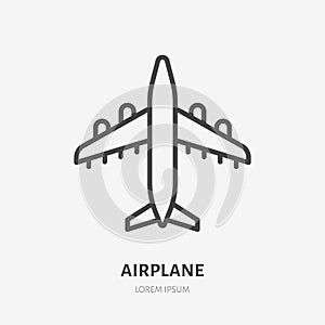 Airplane flat line icon. Plane vector illustration. Thin sign for jet, air craft cargo shipping, airlines logo