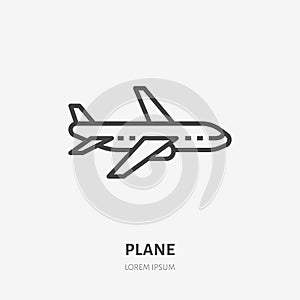 Airplane flat line icon. Plane vector illustration. Thin sign for jet, air craft cargo shipping, airlines logo