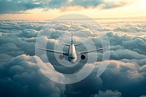 Airplane flies clouds transport. Generate Ai