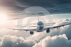 Airplane flies clouds travel. Generate Ai