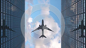 Airplane flies over office skyscrapers against a beautiful blue clouds. 3d rendering
