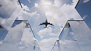 Airplane flies over skyscrapers on light background. Travel banner. Travel destination. Business travel concept. Plane