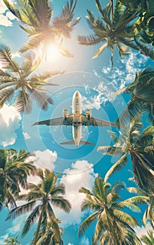 Airplane flies over the tropical palm trees against the blue sky