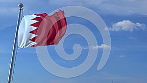 Airplane flies over waving flag of Bahrain. 3D animation