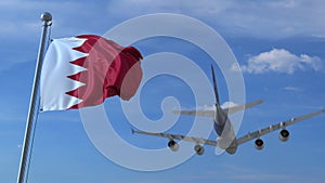 Airplane flies over waving flag of Bahrain. 3D rendering