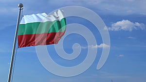 Airplane flies over waving flag of Bulgaria. 3D animation