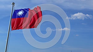 Airplane flies over waving flag of Taiwan. 3D animation