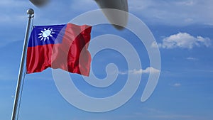 Airplane flies over waving flag of Taiwan. 3D rendering