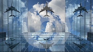 Airplane Flies in the Reflections on the Office Buildings Against a Time-Lapse Clouds Background, 3d Animation 4k, Ultra