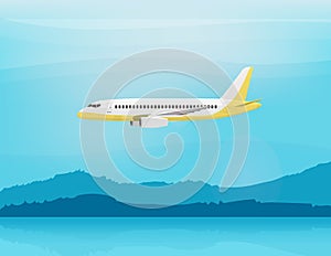 Airplane flies in the sky. Side view. Cartoon vector illustration