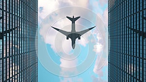 Airplane flies to the tops of the skyscrapers. Look up view at skyscrapers and flying plane. 3d rendering
