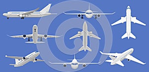 Airplane flight. Aircraft plane in front, side and top view, passenger plane or cargo service aircraft. Flying airplane