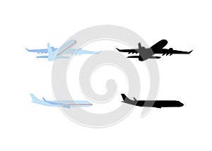Airplane in flight back and side view isolated on white background.
