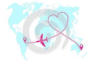 Airplane flight from city to city in the shape of a heart. Airplane flight against the background of a map of the Earth
