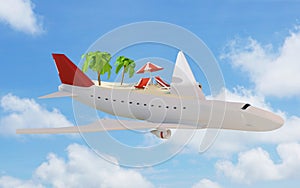 airplane flight with lounge and umbrella on sand beach island 3d-illustration