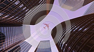 Airplane flight over the business center of skyscrapers. Bottom view of skyscrapers with a flying plane at sunset in the