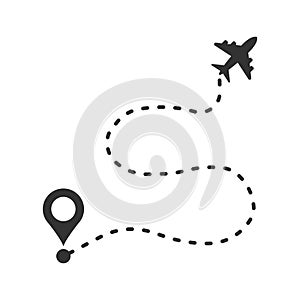 Airplane flight route icon in flat style. Travel line path vector illustration on white isolated background. Dash line trace