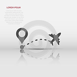 Airplane flight route icon in flat style. Travel line path vector illustration on white isolated background. Dash line trace