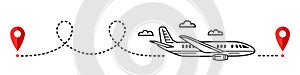 Airplane flight route path, aircraft travel line trace icon. Plane fly way. Airliner location map pointer. Airliner trip. Vector