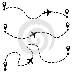 Airplane flight route vector icon. Flight tourism route path illustration symbol. Starting pin to destination point sign or logo.