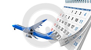 Airplane flight schedule , travel planning on a calendar  background - 3d rendering