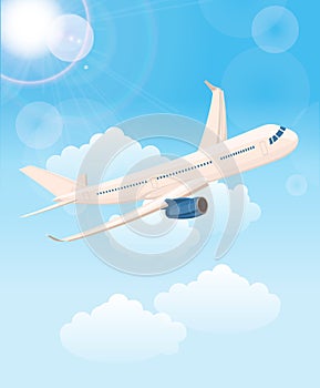 Airplane flight tickets air fly cloud sky. Background with airplane, around the world