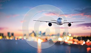 Airplane In Flight At Twilight