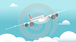 Airplane in flight with white clouds and blue sky background. Vector illustration