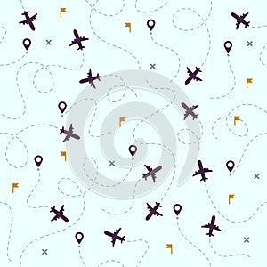 Airplane flights pattern. Plane travel, avia traveling routes and aviation vector seamless background