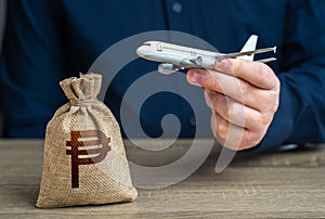 Airplane flights and philippine peso money bag.