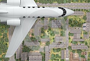 Airplane fly above city. top view. 3d rendering