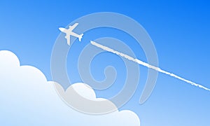 Airplane fly on blue sky background with vapour trail. Jet airplane in clean blue sky