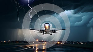 airplane fly at night cloudy sky with lightning,below city blurred light