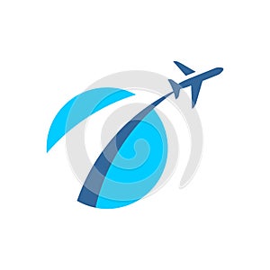 Airplane fly out logo. Plane taking off stylized sign.