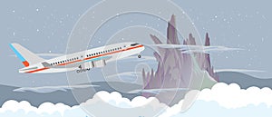 Airplane fly in the sky at night near a mountain and clouds vector flat design illustration banner