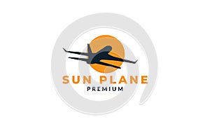 Airplane fly and sunset silhouette logo design