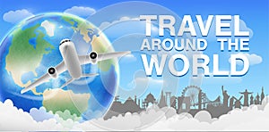 Airplane fly travel around the world banner