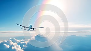 Airplane flying above amazing clouds in clear blue sky with rainbow and sun raies