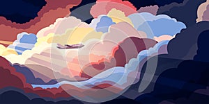 Airplane flying above beautiful clouds in sunset or sunrise light. Travel concept.