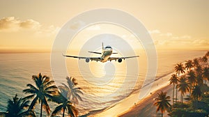 Airplane flying above calm sea and palm trees in clear sunset sky with sun ray